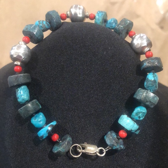 STERLING SILVER and TURQUOISE Rustic Bracelet with Lobster a Clasp - Picture 4 of 11